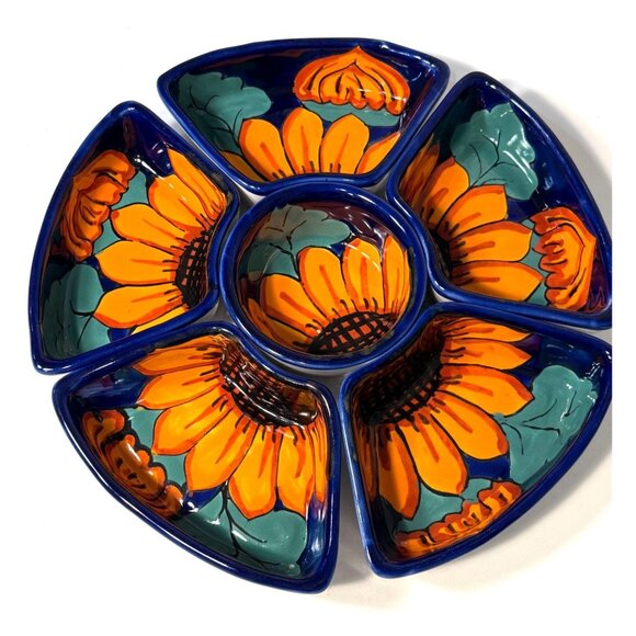 Talavera Mexican Hand Painted Sunflower Pottery 6 Piece Sectional Serving Dish / - Picture 2 of 6